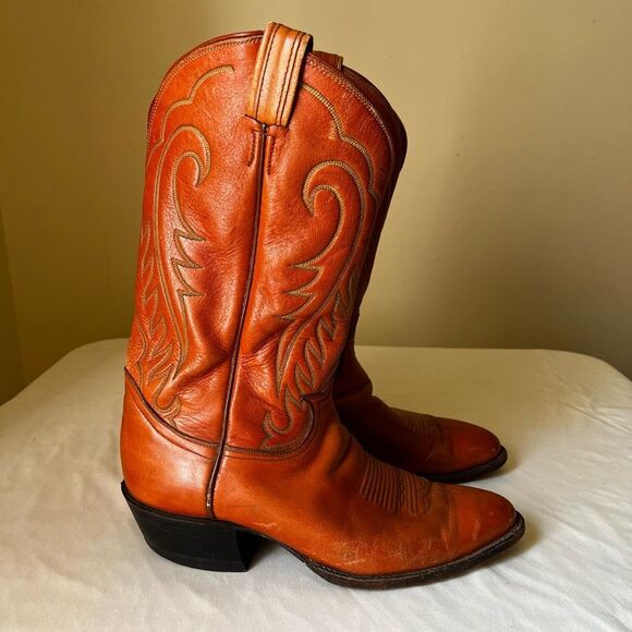 Vintage Tony Lama Men's 10.5D Western Cowboy Boots 6123 Orange Leather USA Made - Picture 3 of 13